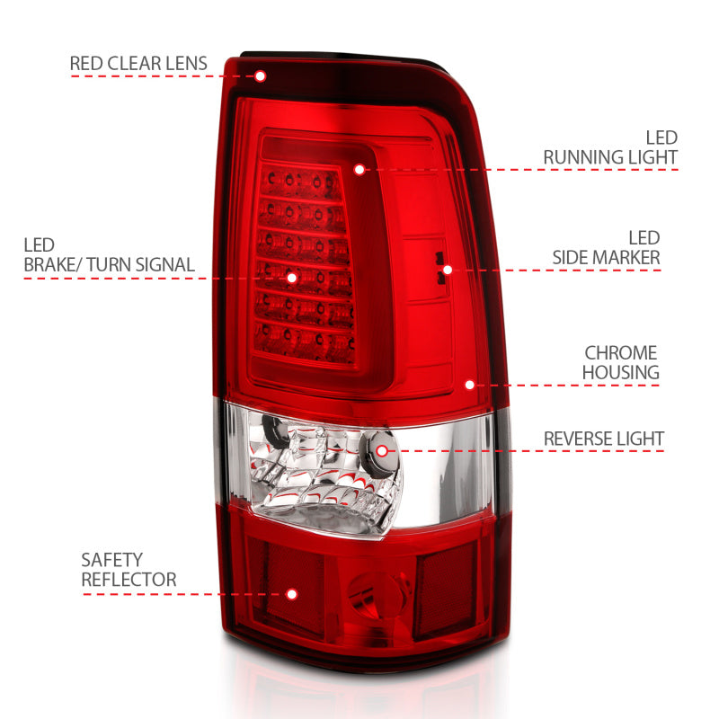 ANZO 1999-2002 Chevy Silverado 1500 luces traseras LED estilo tablón cromadas con lente roja/transparente
