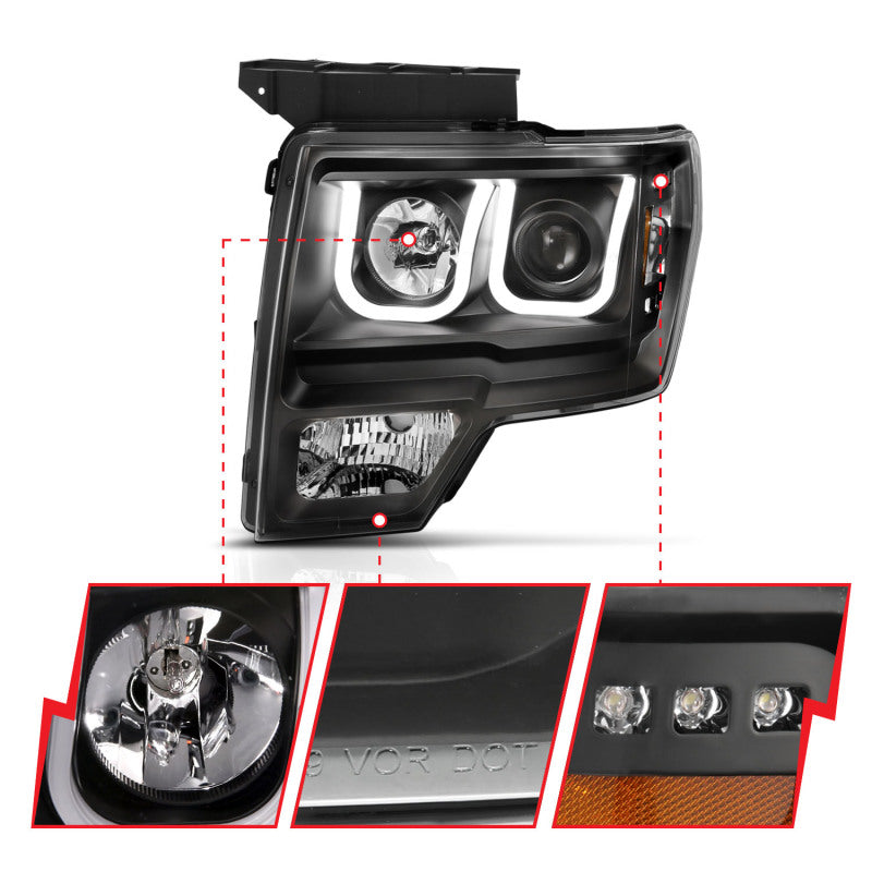 ANZO 2009-2014 Ford F-150 Faros delanteros proyectores con barra en U, color negro con ámbar