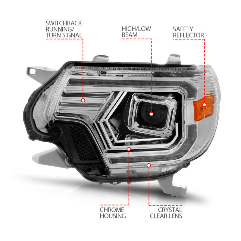 Faros delanteros tipo proyector ANZO 12-15 Toyota Tacoma - con barra de luz con carcasa cromada