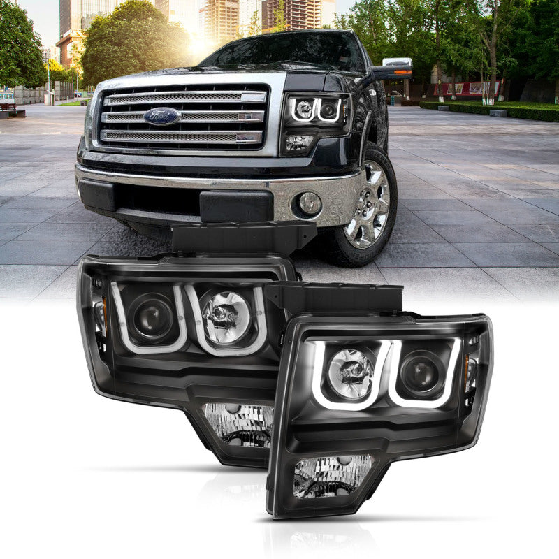 ANZO 2009-2014 Ford F-150 Faros delanteros proyectores con barra en U, color negro con ámbar