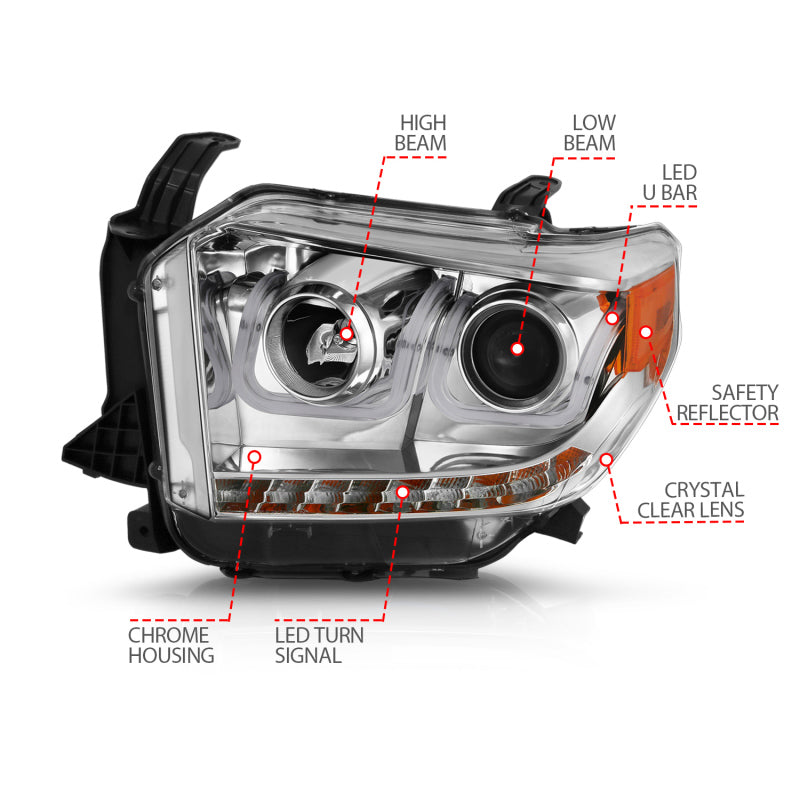 ANZO 2014-2015 Toyota Tundra Proyector Faros delanteros con barra en U cromada con DRL