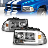ANZO 97-04 Dodge Dakota/Durango Juego de faros delanteros de cristal con barra de luz y carcasa cromada