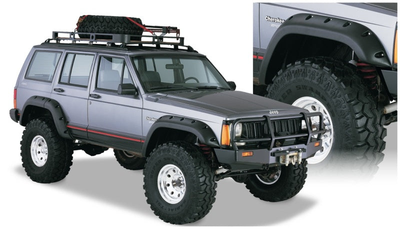 Bushwacker 84-01 Jeep Cherokee bengalas estilo recortado, 4 piezas, solo para utilitario deportivo de 4 puertas, color negro