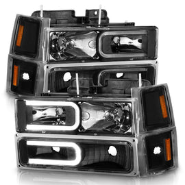 ANZO 88-98 Chevrolet C1500 Faros delanteros de cristal con barra de luz, carcasa negra con marcadores laterales de señal, 8 unidades