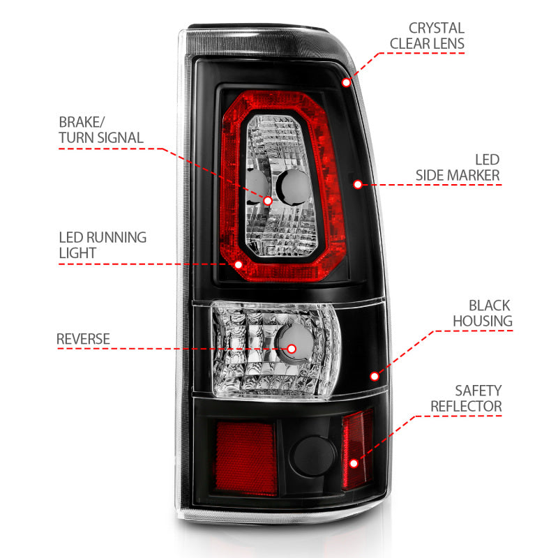 ANZO 1999-2002 Chevy Silverado 1500 luces traseras LED estilo tablón negro con lente transparente