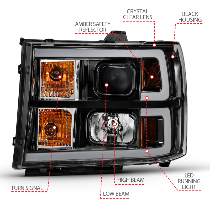 ANZO 2007-2013 Gmc Sierra 1500 Proyector Faro estilo tablón negro con lente transparente ámbar