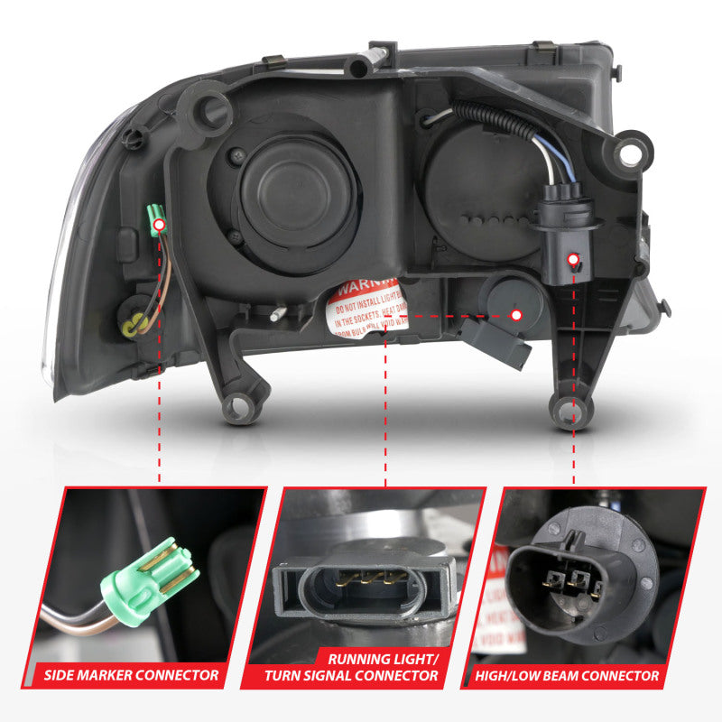 ANZO 97-04 Dodge Dakota/Durango Juego de faros delanteros de cristal con barra de luz y carcasa negra