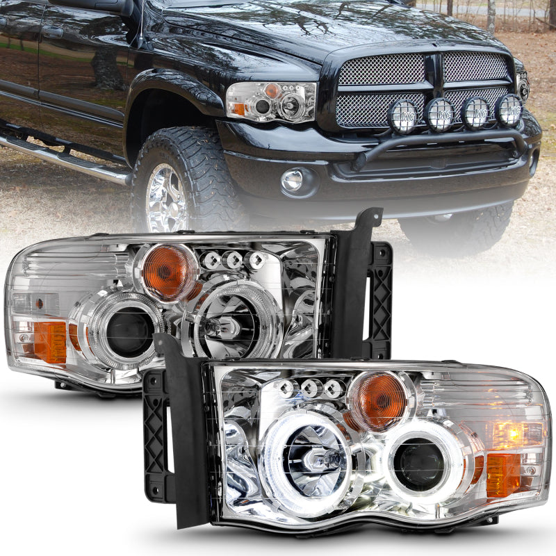 ANZO 2002-2005 Dodge Ram 1500 Faros delanteros con proyector con halo cromado ámbar transparente
