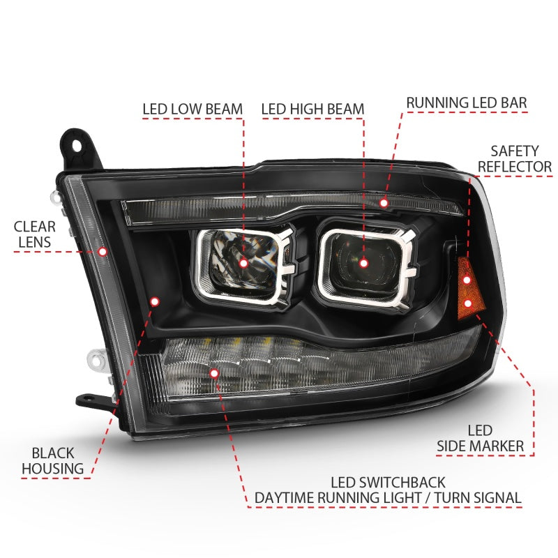 ANZO 2009-2018 Dodge Ram 1500 Proyector HL Switchback Cromo Ámbar