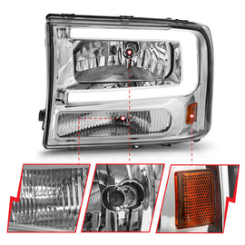 ANZO 99-04 Ford F250/F350/F450/Excursion (excl. 99) Faros delanteros de cristal - con barra de luz y carcasa cromada