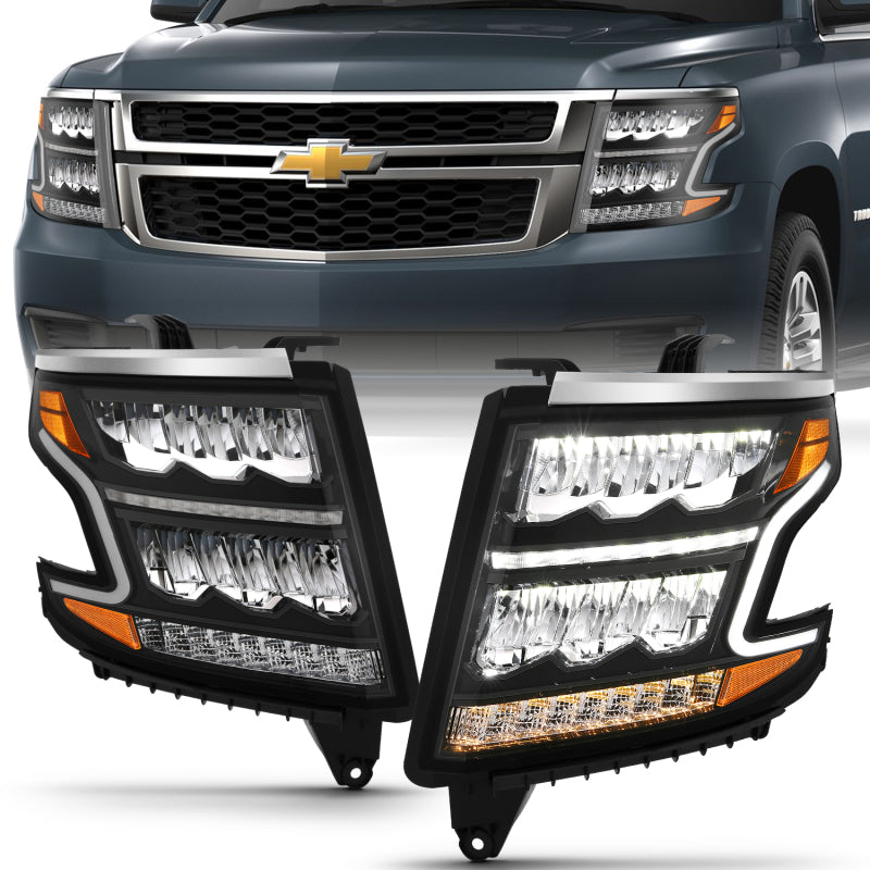 ANZO 15-20 Chevy Tahoe/Suburban Faros delanteros estilo barra de luz LED, color negro con secuencial con DRL y ámbar