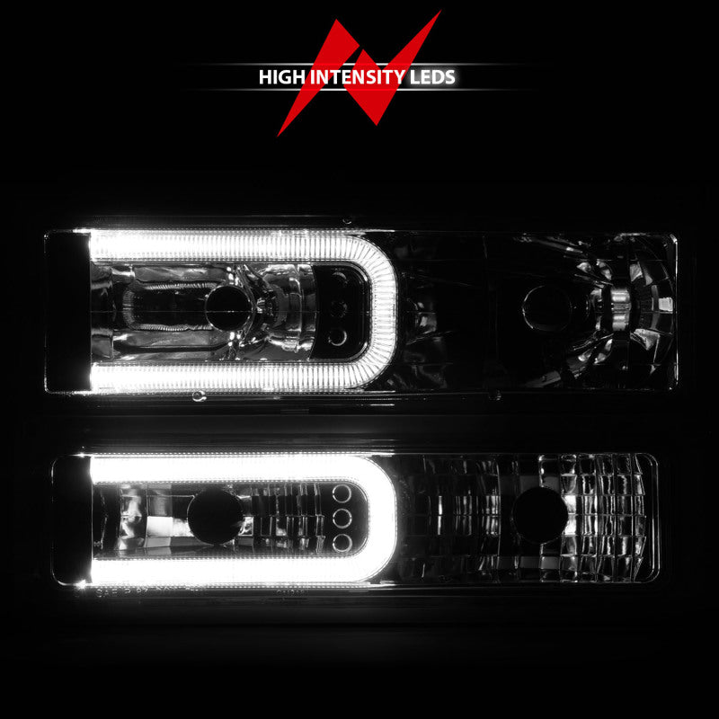 ANZO 88-98 Chevrolet C1500 Faros delanteros de cristal con barra de luz, carcasa cromada con marcadores laterales de señal, 8 piezas
