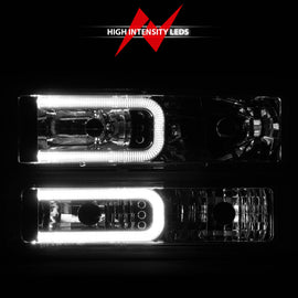 ANZO 88-98 Chevrolet C1500 Faros delanteros de cristal con barra de luz, carcasa cromada con marcadores laterales de señal, 8 piezas