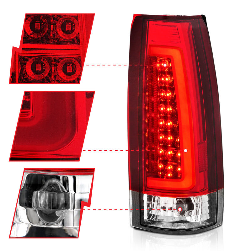 ANZO 1999-2000 Cadillac Escalade luces traseras LED con carcasa cromada, par de lentes rojas/transparentes
