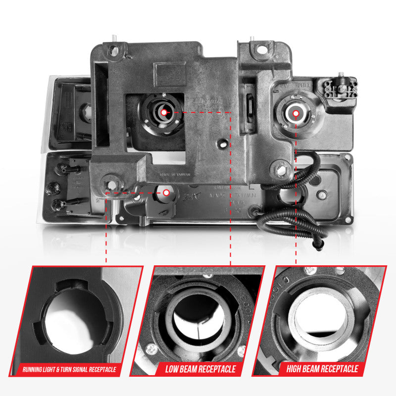 ANZO 88-98 Chevrolet C1500 Faros delanteros de cristal con barra de luz, carcasa negra con marcadores laterales de señal, 8 unidades