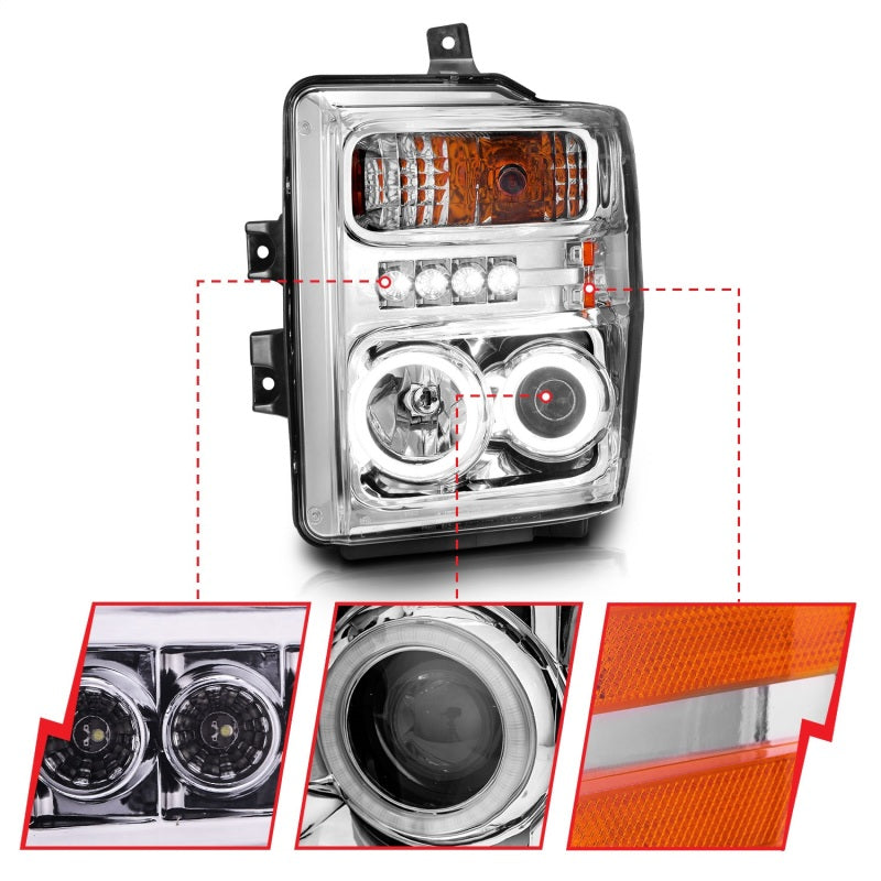 ANZO 2008-2010 Ford F-250 Faros delanteros con proyector con halo cromado (CCFL)