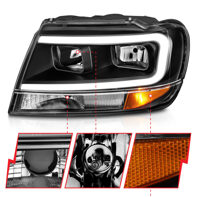 Faros delanteros de cristal ANZO 99-04 Jeep Grand Cherokee - con barra de luz y carcasa negra