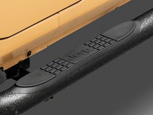 Cargar imagen en el visor de la galería, Officially Licensed Jeep 07-18 Wrangler JK 4Dr 3In Round Curved Side Step Bars w/ Jeep Logo-Txt Blk