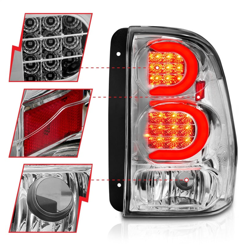 ANZO 2002-2009 Chevrolet Trailblazer luces traseras LED con barra de luz, carcasa cromada, lente transparente