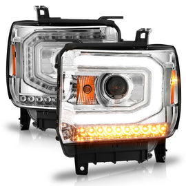 ANZO 2014-2015 Gmc Sierra 1500 Faros delanteros con barra de luz y carcasa cromada (tipo halógeno)