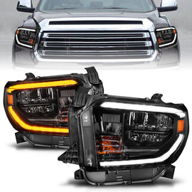 ANZO 2014-2021 Toyota Tundra Faros delanteros LED de cristal con carcasa negra Switchback con DRL