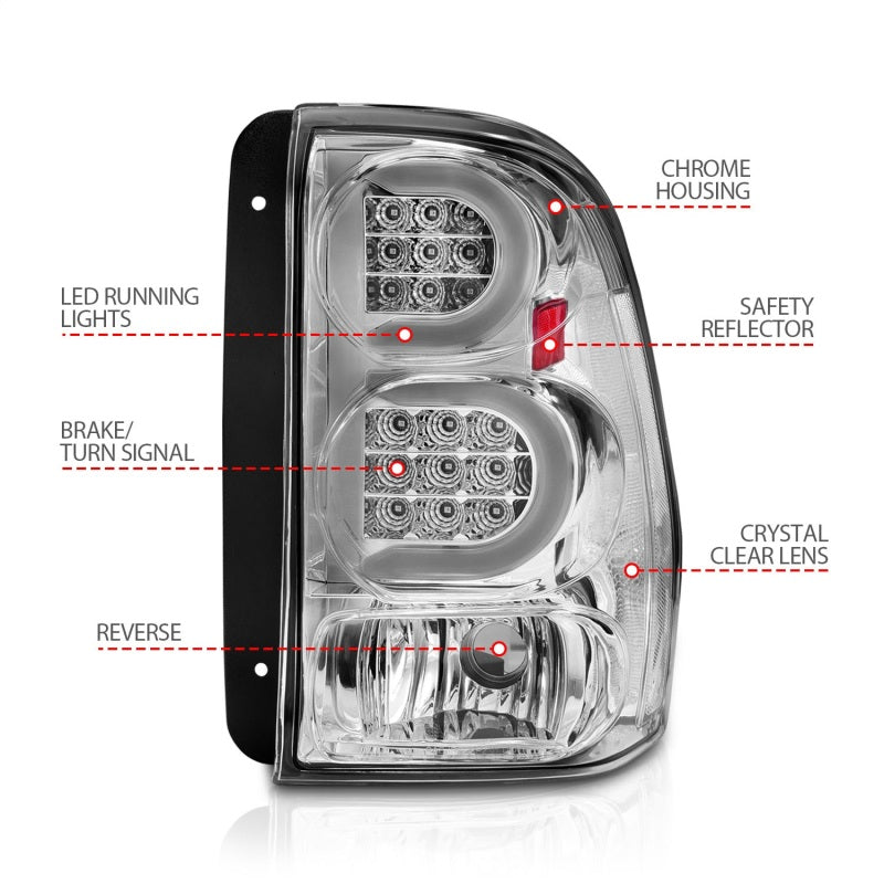 ANZO 2002-2009 Chevrolet Trailblazer luces traseras LED con barra de luz, carcasa cromada, lente transparente