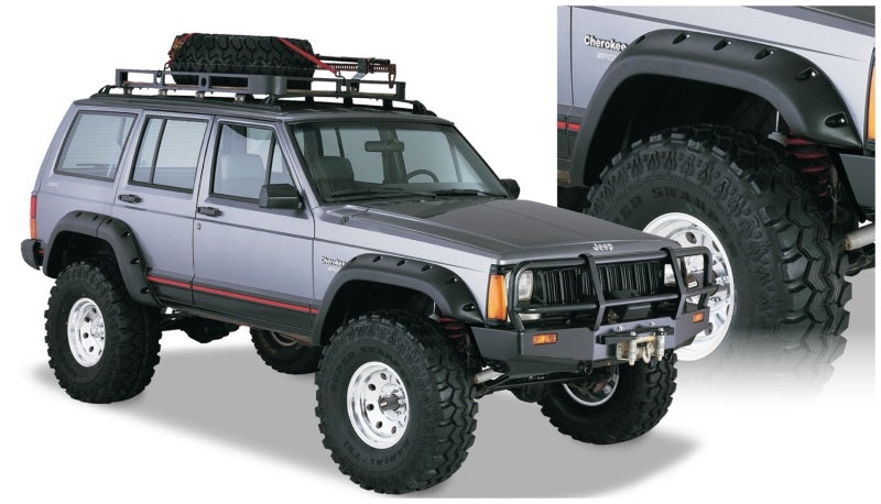 Bushwacker 84-01 Jeep Cherokee bengalas estilo recortado, 4 piezas, solo para utilitario deportivo de 4 puertas, color negro