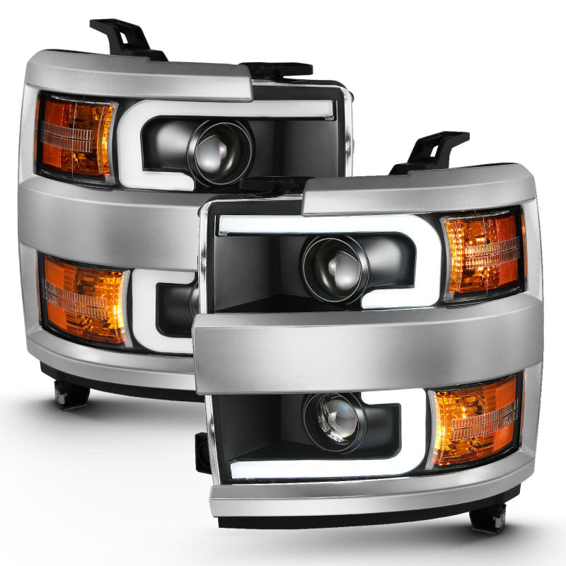 ANZO Faros delanteros tipo proyector para Chevrolet Silverado 2015-2016 con diseño estilo tablón, color negro y ámbar