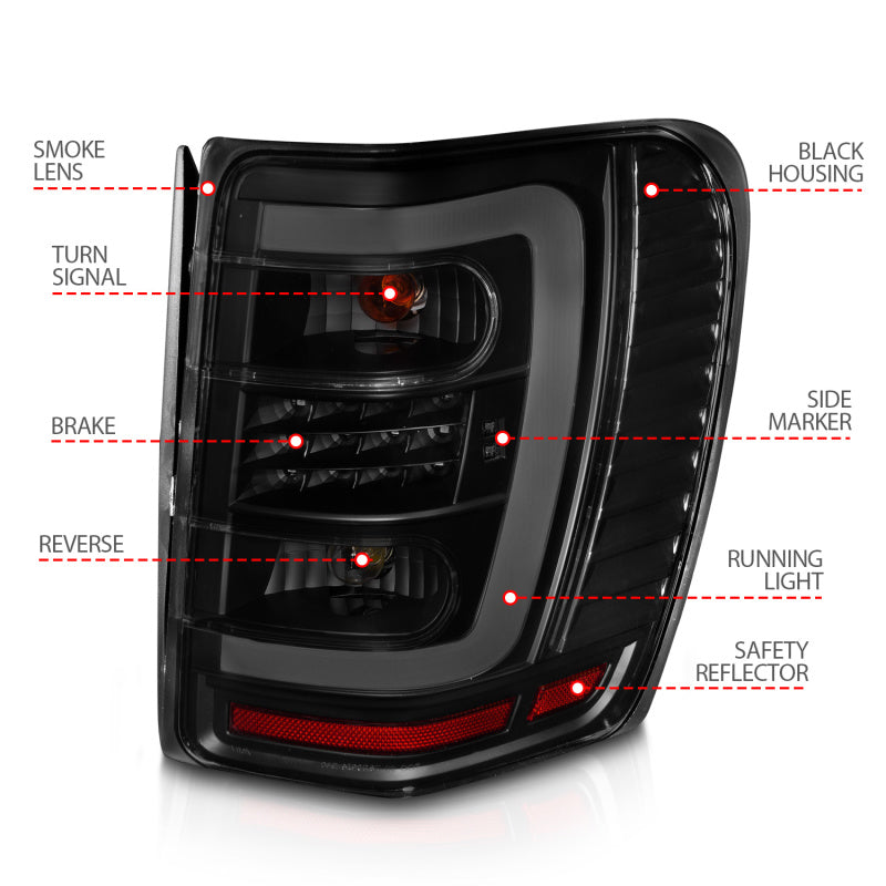 ANZO 1999-2004 Jeep Grand Cherokee luces traseras LED con barra de luz, carcasa negra, lente ahumada