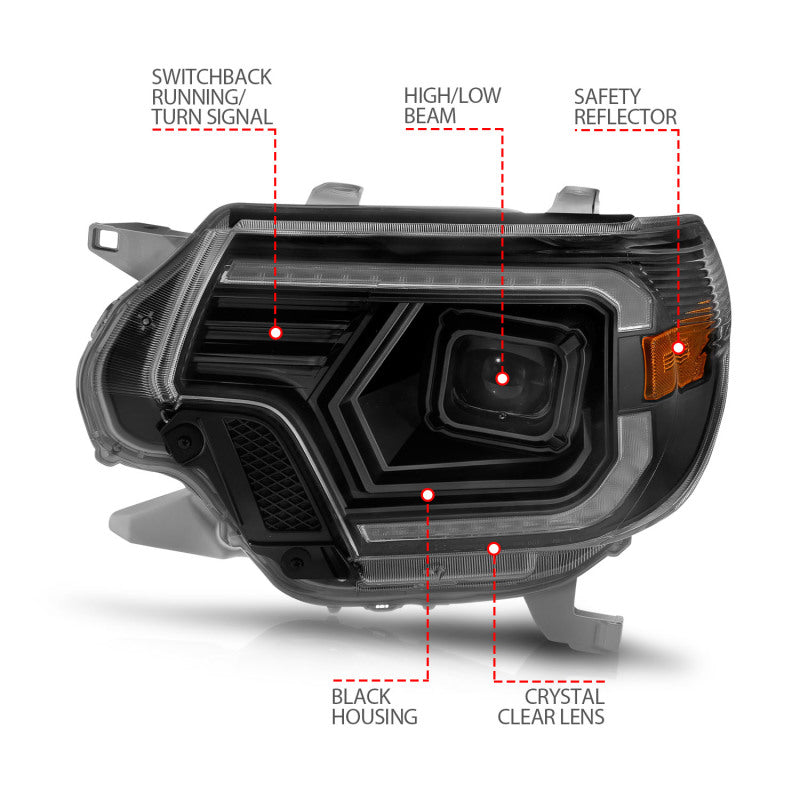Faros delanteros tipo proyector ANZO 12-15 Toyota Tacoma - con barra de luz con carcasa negra