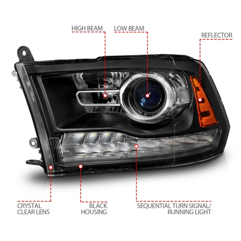 ANZO 09-18 Dodge Ram 1500/2500/3500 Faros delanteros LED estilo tablón Switchback + secuencial - Negro mate