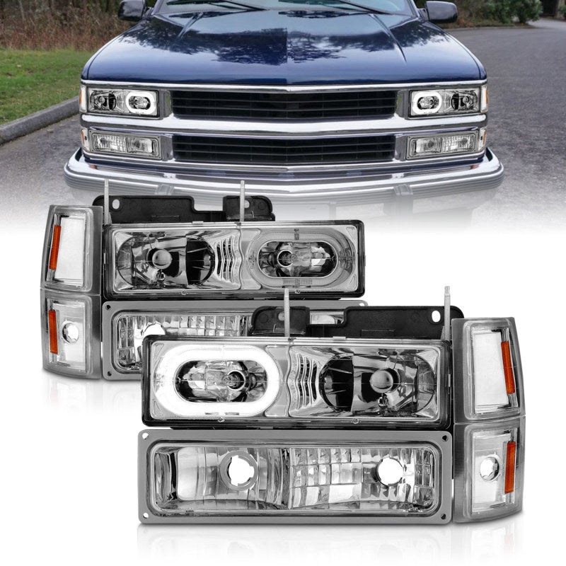 ANZO 88-98 Chevrolet C1500 Faros delanteros de cristal con carcasa cromada con luces de señal y de posición laterales