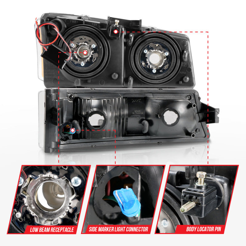 ANZO 2003-2006 Chevrolet Silverado 1500 Faros delanteros de cristal con barra de luz, carcasa negra