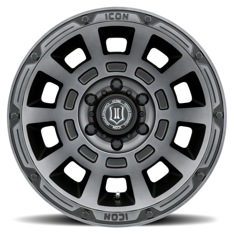 ICON Thrust 17x8.5 5x5 -6mm Offset 4.5in BS Rueda de tinte negro satinado ahumado