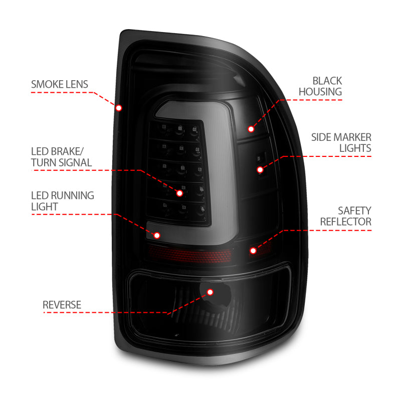 ANZO 1997-2004 Dodge Dakota luces traseras LED, carcasa negra, par de lentes ahumados