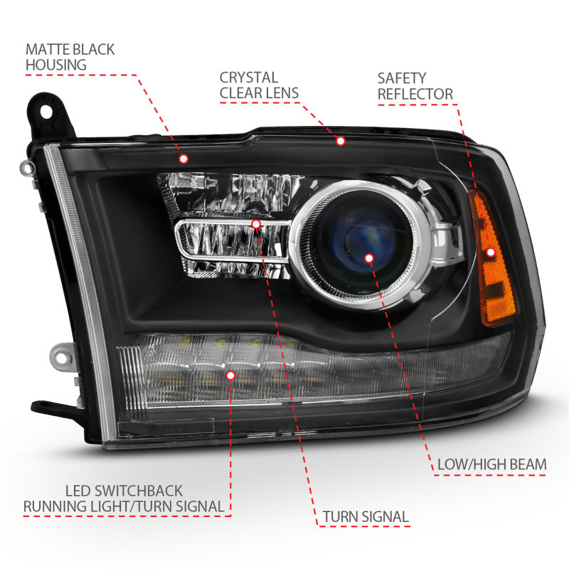ANZO 2009-2018 Dodge Ram 1500 Proyector Faros delanteros estilo tablón Halo con interruptor negro mate