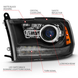 ANZO 2009-2018 Dodge Ram 1500 Proyector Faros delanteros estilo tablón Halo con interruptor negro mate