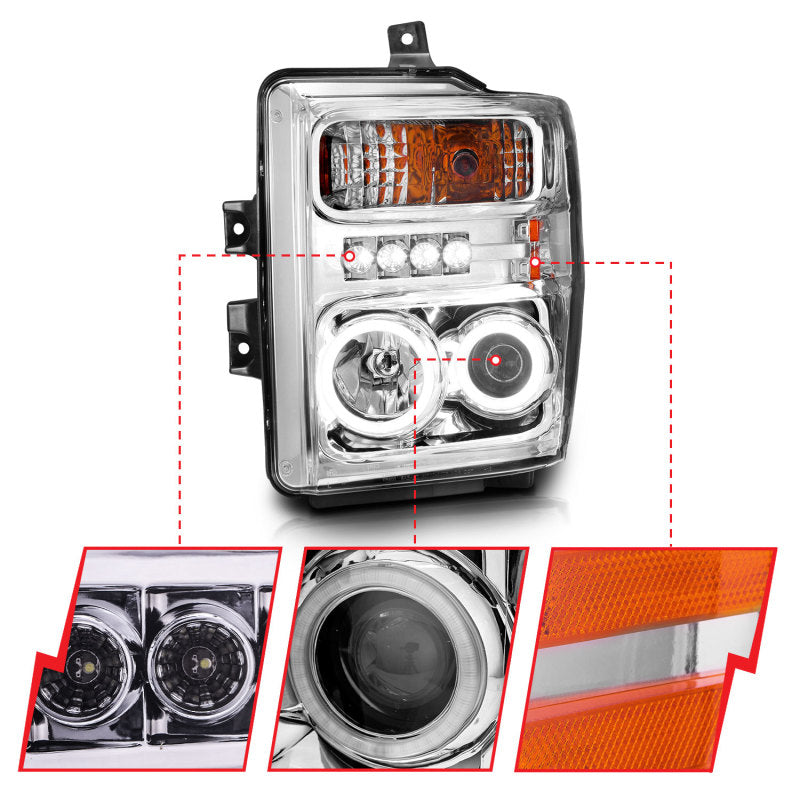 ANZO 2008-2010 Ford F-250 Faros delanteros con proyector con halo cromado (CCFL)