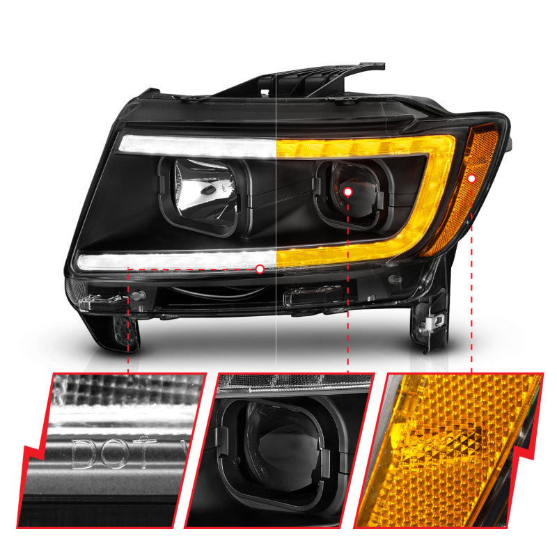 ANZO 11-13 Jeep Grand Cherokee (solo halógenos de fábrica) Faros delanteros con barra de luz Swtchbk negro