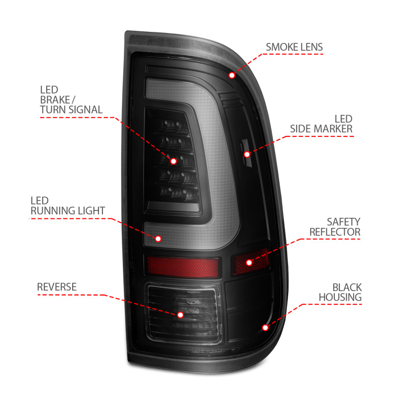 ANZO 2008-2016 Ford F-250 LED trasero con barra de luces, carcasa negra, lente ahumada