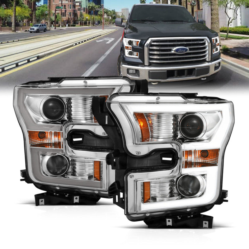 ANZO 2015-2017 Ford F-150 Faros delanteros proyectores con estilo de tablón cromados con ámbar