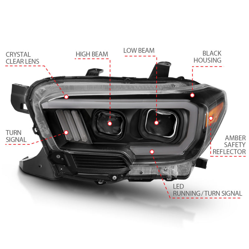 ANZO 2016-2017 Toyota Tacoma Proyector Faros delanteros con estilo de tablón Switchback negro con ámbar