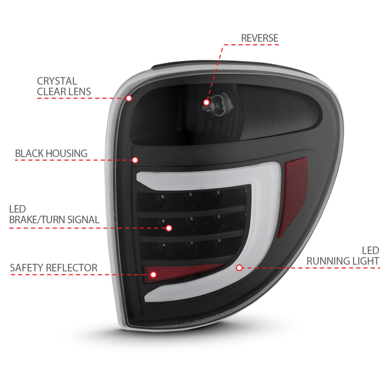 ANZO 2004-2007 Dodge Grand Caravan luces traseras LED con barra de luz, carcasa negra, lente transparente