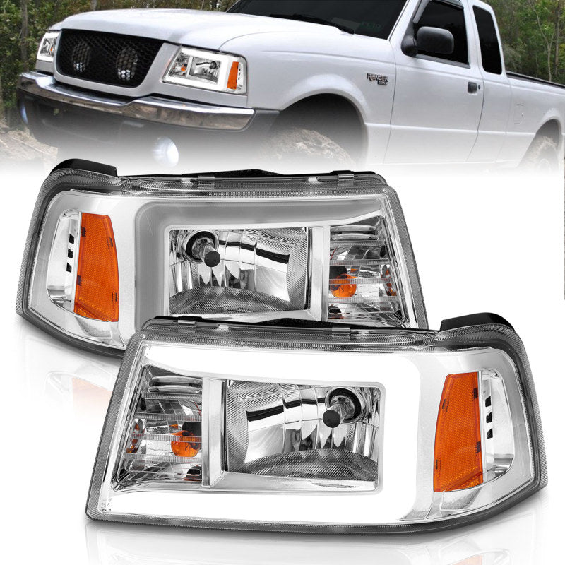 ANZO Faros delanteros de cristal para Ford Ranger 2001-2011 con barra de luz y carcasa cromada