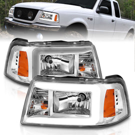 ANZO Faros delanteros de cristal para Ford Ranger 2001-2011 con barra de luz y carcasa cromada