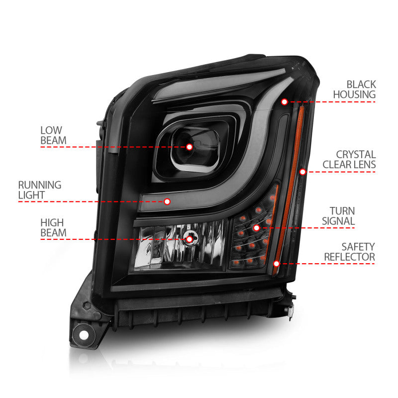 Anzo 15-17 GMC Yukon/Yukon XL Proyector Faros delanteros Carcasa negra/lente transparente (con barras de luz)