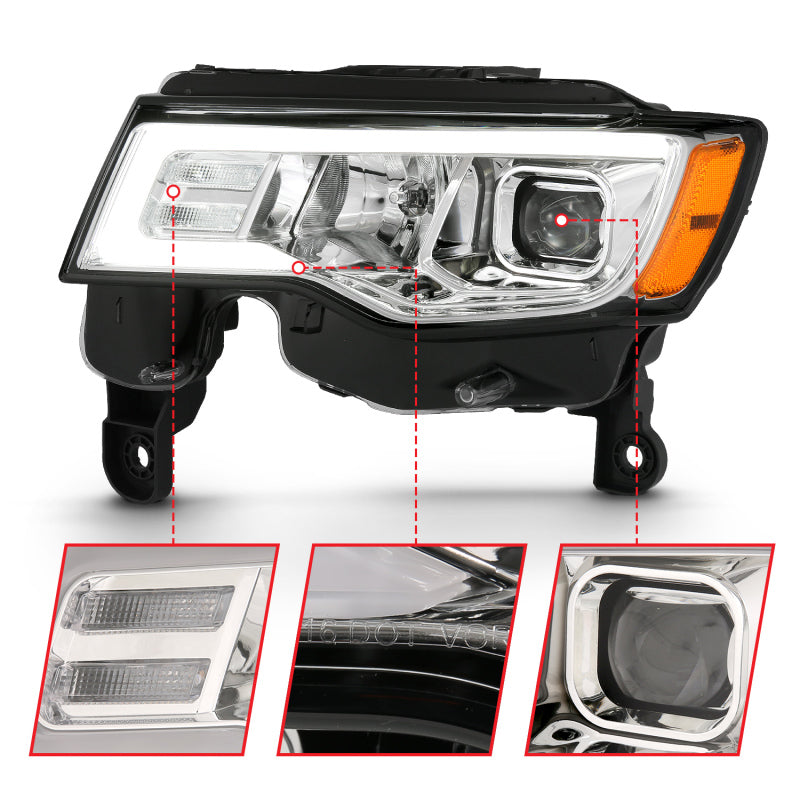 ANZO Faros delanteros tipo proyector para Jeep Grand Cherokee 2017-2018 con interruptor estilo tablón - Cromado con ámbar