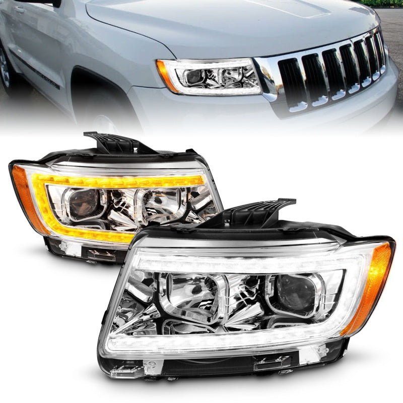 ANZO 11-13 Jeep Grand Cherokee (solo halógenos de fábrica) Faros delanteros con barra de luz Swchbk cromado