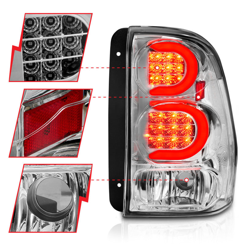 ANZO 2002-2009 Chevrolet Trailblazer luces traseras LED con barra de luz, carcasa cromada, lente transparente