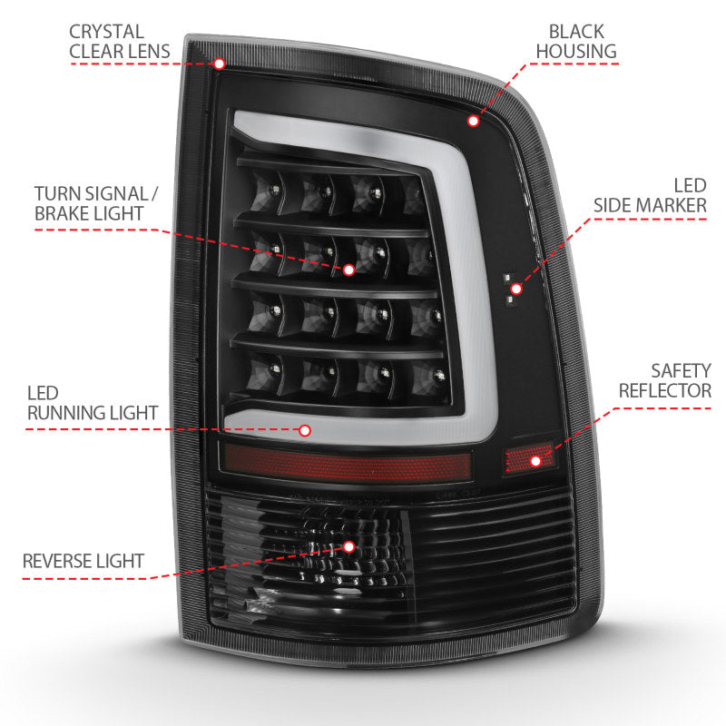 ANZO 2009-2018 Dodge Ram 1500 LED luz trasera estilo tablón negro con lente transparente